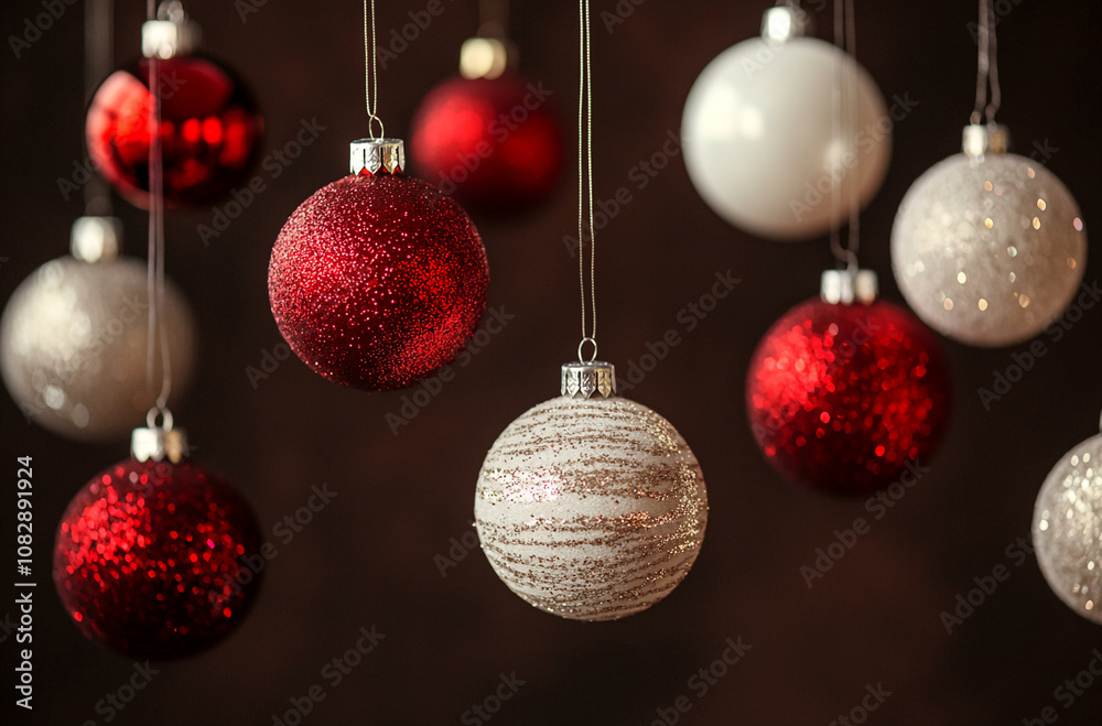 Several red and silver Christmas tree ornaments hang from thin strings