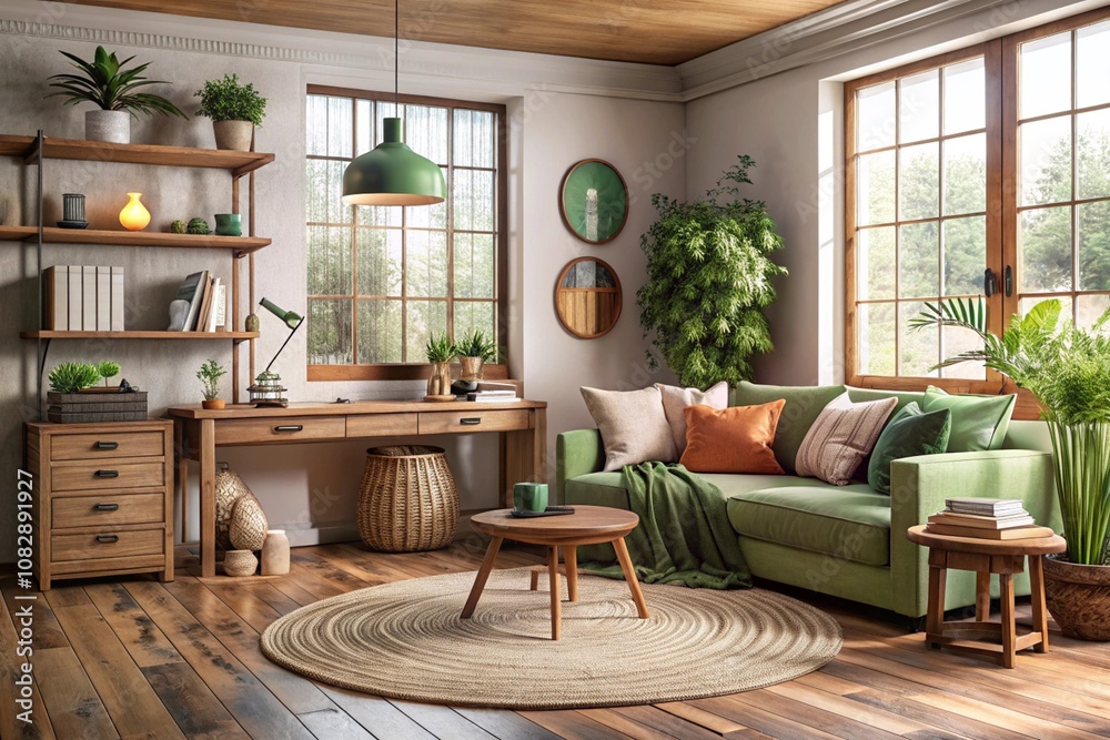 Fototapeta premium Cozy living room, rustic wooden floor, large windows, natural light, green velvet sofa, round coffee table, wooden desk, pendant lamp, floating shelves, potted plants, rattan chair, round wall mirrors
