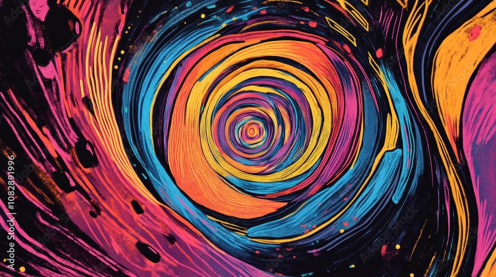 Line art illustration of an abstract disco spiral psychedelic tunnel background showcasing vibrant animations in a virtual reality setting Line art illustration of an abstract disco spiral psychedelic tunnel background showcasing vibrant animations in a virtual reality setting