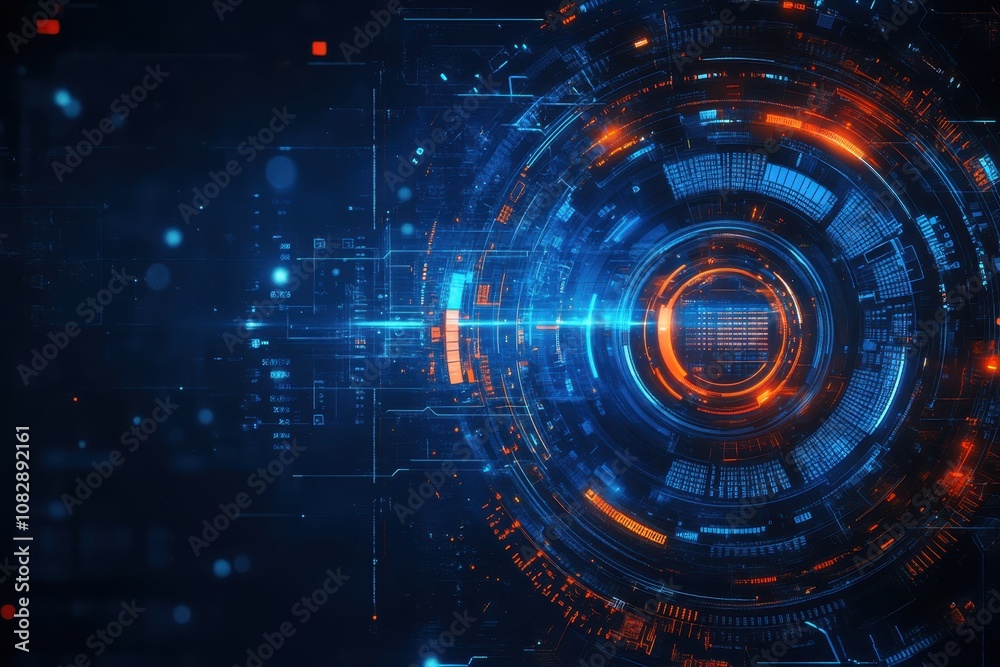 Futuristic digital interface with vibrant blue and orange lights in a technology backdrop Futuristic digital interface with vibrant blue and orange lights in a technology backdrop