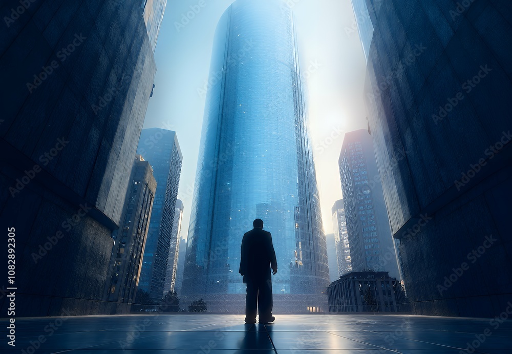 Obraz premium A silhouette of a man standing among towering skyscrapers under a dramatic sky, capturing urban ambition and solitude.