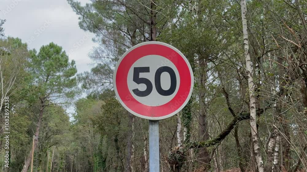 Gros plan sur un panneau de limitation de vitesse 50 au format portrait.
