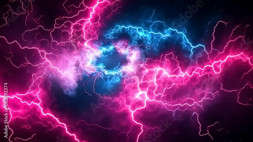 Vibrant neon lightning storm with electric blue and pink energy bolts