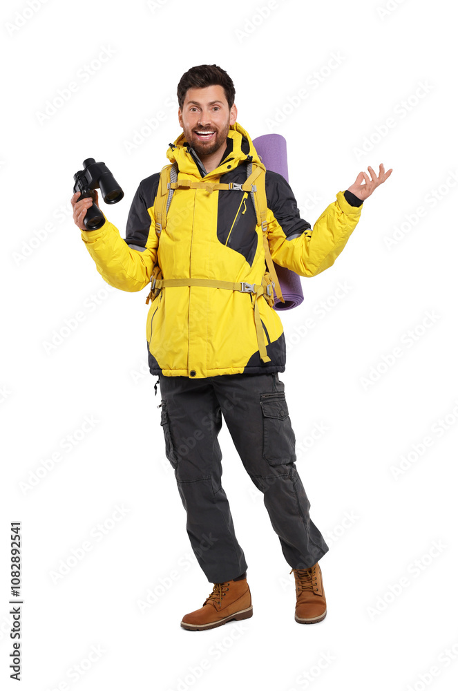 Happy man with backpack and binoculars on white background. Active tourism Happy man with backpack and binoculars on white background. Active tourism
