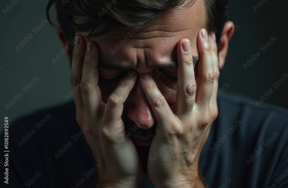 Upset stressed man, covering his face with hands, family and work problems, depression concept. Midlife crisis concept Upset stressed man, covering his face with hands, family and work problems, depression concept. Midlife crisis concept
