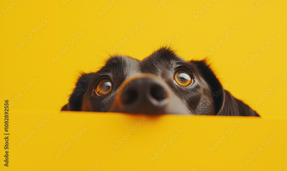 Adorable Dog Peeking Over Yellow Background: Captivating Pet Photography Adorable Dog Peeking Over Yellow Background: Captivating Pet Photography