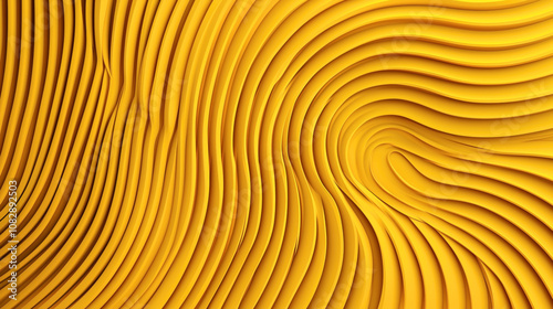 Abstract yellow three-dimensional wave pattern with curved lines and layered design creating dynamic flowing texture background