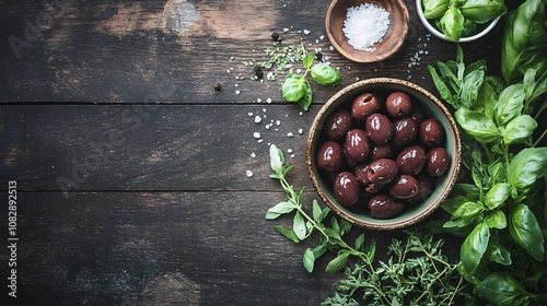 Black olives in a ceramic bowl on a rustic wood table, surrounded by fresh herbs and a dash of sea salt photo