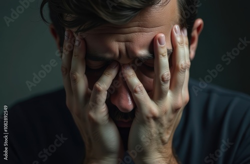 Upset stressed man, covering his face with hands, family and work problems, depression concept. Midlife crisis concept