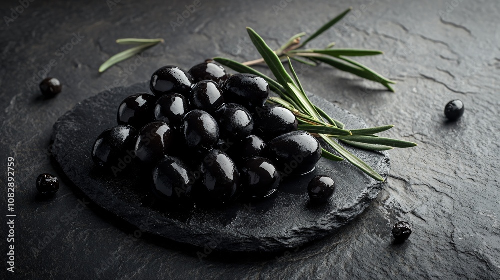 Black olives on a dark stone background with a light shadow, minimal styling with rustic accents Black olives on a dark stone background with a light shadow, minimal styling with rustic accents