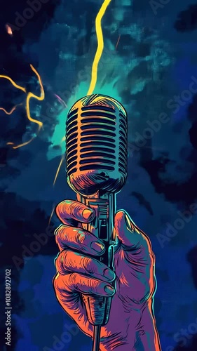 Vibrant retro microphone with neon colors and artistic lightning background.