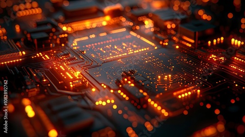 Intricate glowing circuit board with complex wiring and warm orange lights .