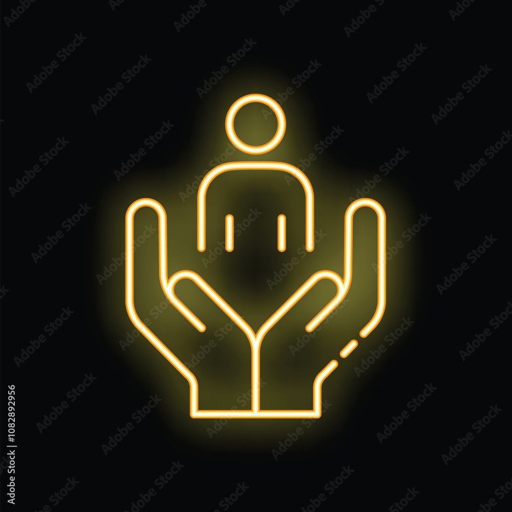 This neon vector illustration shows a person held in open hands representing customer care This neon vector illustration shows a person held in open hands representing customer care