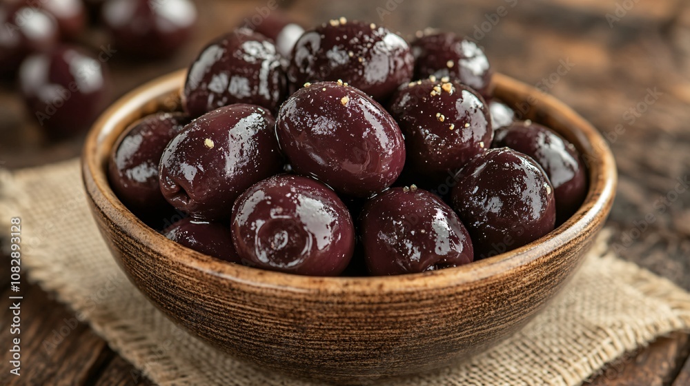 Close up of ripe olives in a rustic bowl, with cracked black pepper on a burlap cloth Close up of ripe olives in a rustic bowl, with cracked black pepper on a burlap cloth
