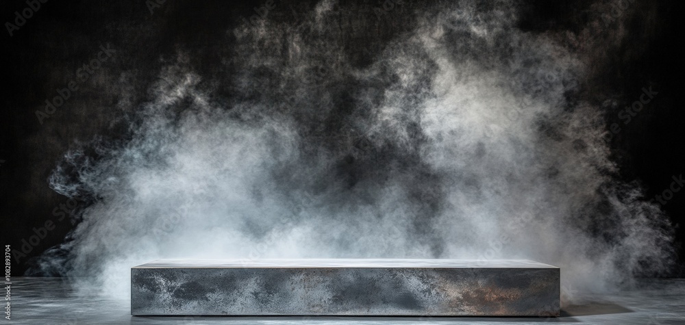 A rectangular metallic podium surrounded by swirling mist, creating a dramatic and mysterious ambiance