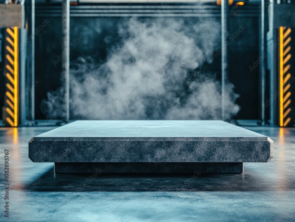 A sleek, minimalistic podium surrounded by smoke, set in an industrial environment with metallic textures A sleek, minimalistic podium surrounded by smoke, set in an industrial environment with metallic textures