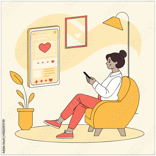 a women sitting in a living room and using phone