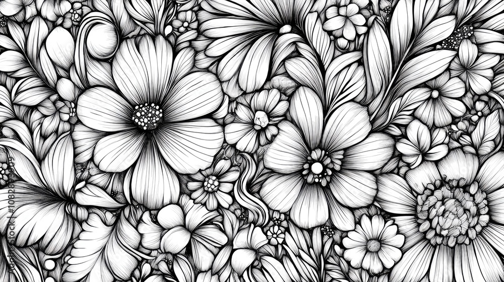 Line art illustration of floral doodles Black and white Zentangle style pattern featuring hand drawn botanical elements Line art illustration of floral doodles Black and white Zentangle style pattern featuring hand drawn botanical elements