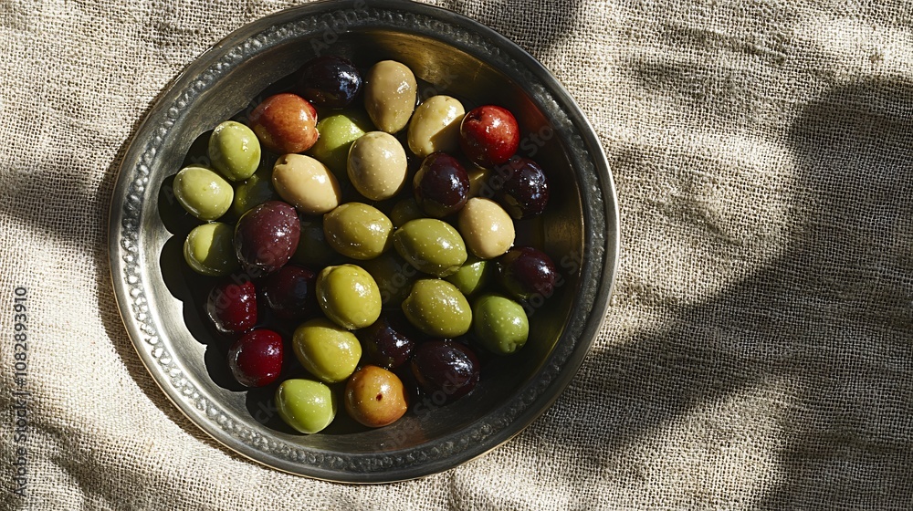 Mixed olives with a hint of olive oil in a rustic metal bowl, on a burlap cloth with soft shadows Mixed olives with a hint of olive oil in a rustic metal bowl, on a burlap cloth with soft shadows