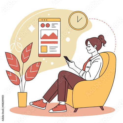 a women sitting in a living room and using phone