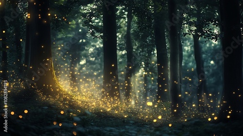 Fireflies lighting up forest with green trees picture