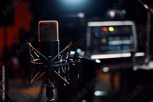 A professional microphone in a radio studio. Radio concept.