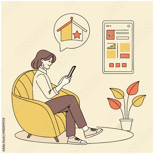 a women sitting in a living room and using phone