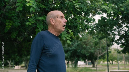 Scared Elderly Bald Man Looks Terrified In Shock Sitting Under A Tree photo