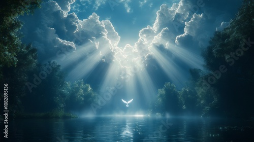 religious art, tranquil scene of jesus baptism by john in the jordan river, with sunlight breaking through clouds and the holy spirit as a dove photo