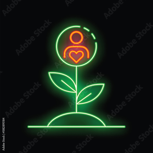 Neon sign of a flower growing with a person icon and heart inside, representing the growth of love, compassion, and empathy