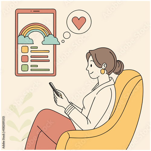 a women sitting in a living room and using phone