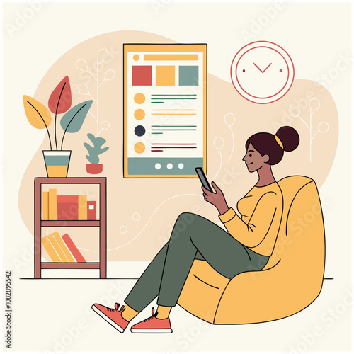 a women sitting in a living room and using phone