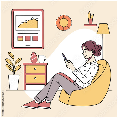 a women sitting in a living room and using phone