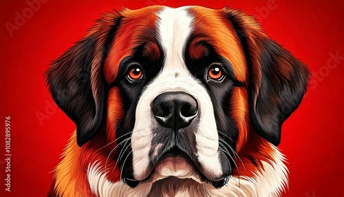 Saint Bernard dog on red background