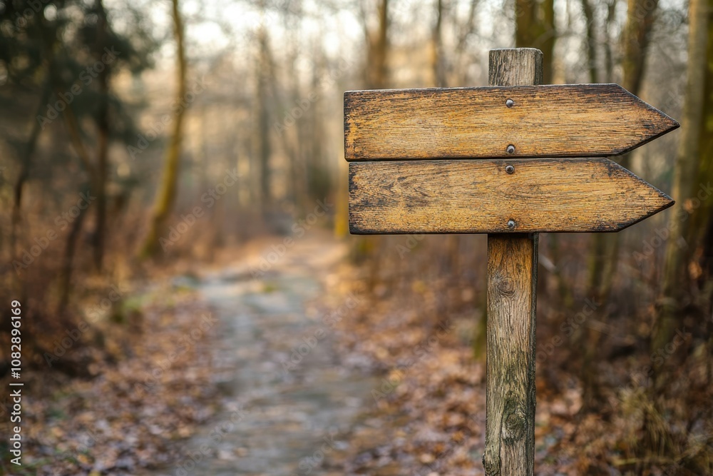 Wooden directional sign on a tranquil forest path during autumn season in the afternoon Wooden directional sign on a tranquil forest path during autumn season in the afternoon