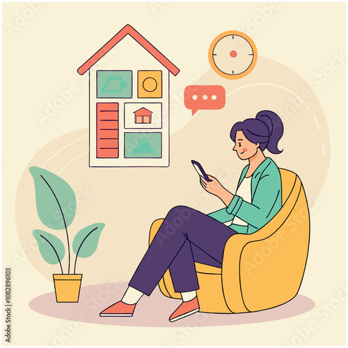 a women sitting in a living room and using phone