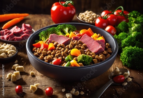 colorful close view delicious dog food bowl showcasing nutritional ingredients eye catching tones, treats, meal, canine, texture, design, composition