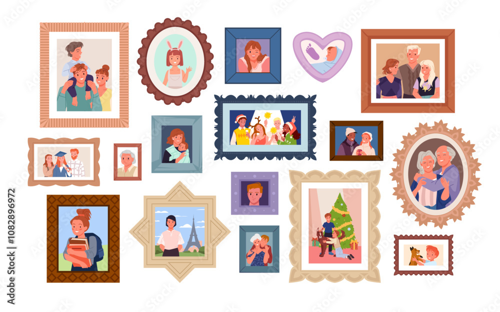 Family photo frames. Photograph cute pictures of generation history on home wall, portraits of kids and parents, grandparents and dog, fun scenes of holidays and travel cartoon vector illustration