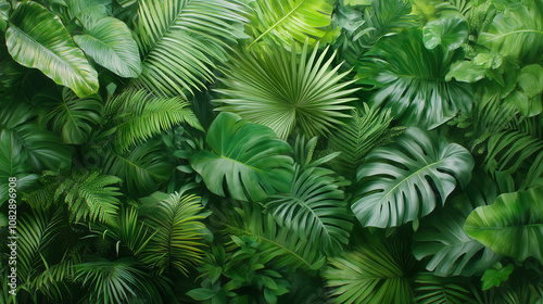 Dense tropical foliage featuring intricate palm leaves, dappled light creating a serene atmosphere