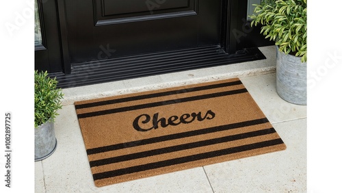 Stylish Cheers doormat in front of modern black door bamboo plant accent photo