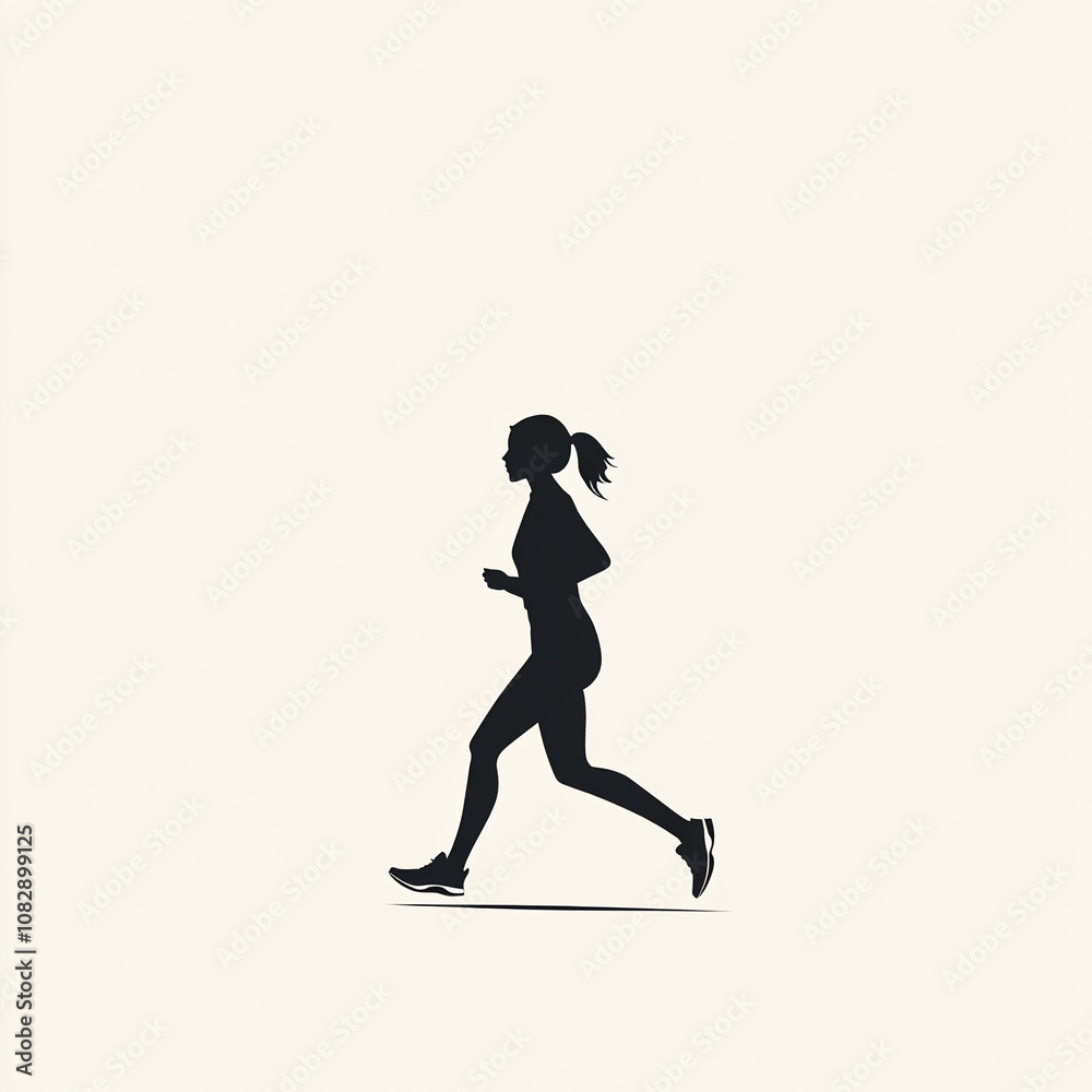 A silhouette of a woman running in a minimalistic design against a light background during early morning or late afternoon A silhouette of a woman running in a minimalistic design against a light background during early morning or late afternoon