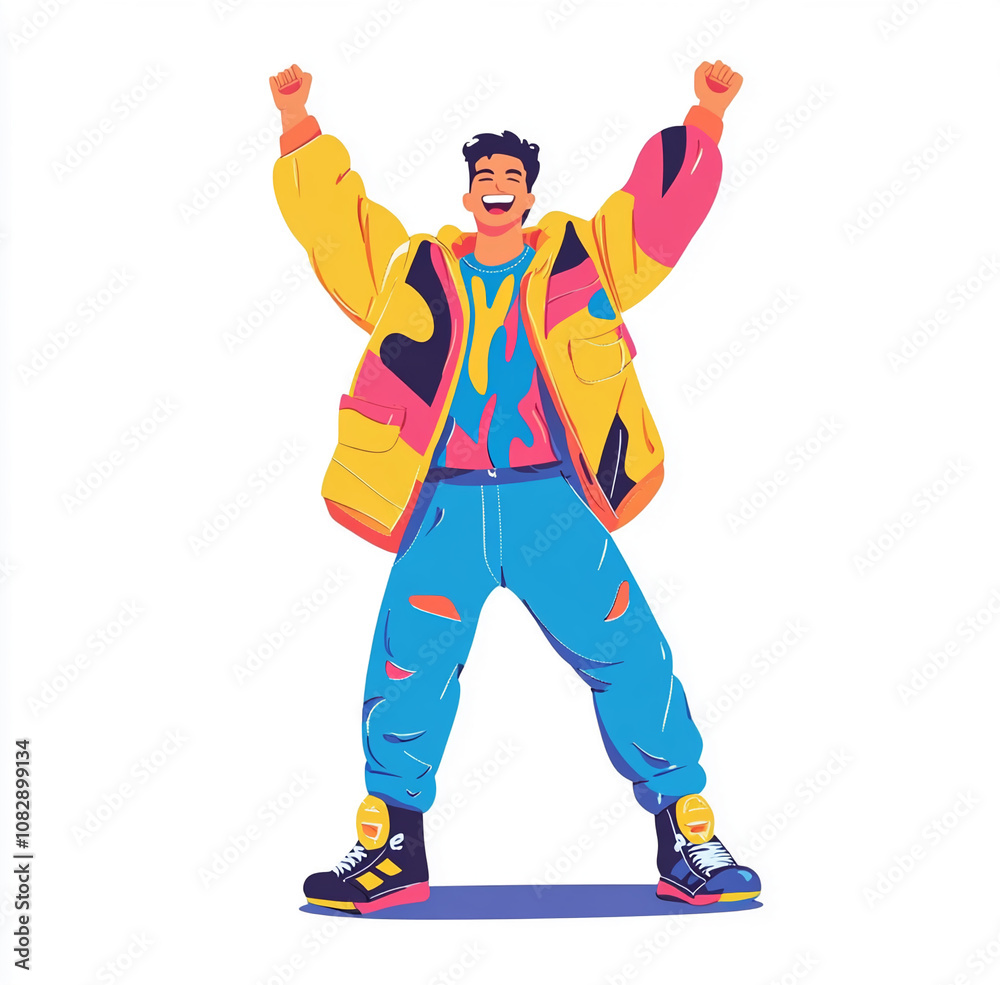 A young man joyfully celebrating with raised arms in a colorful outfit that embodies a retro style, perfect for expressing happiness and excitement