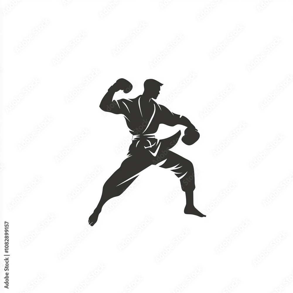 A skilled martial artist demonstrates a powerful stance in a dynamic combat pose during a training session in a dojo A skilled martial artist demonstrates a powerful stance in a dynamic combat pose during a training session in a dojo