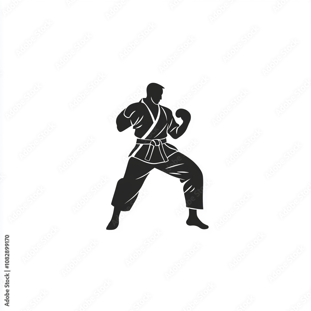 Fototapeta premium A martial artist demonstrates a fighting stance in a traditional outfit, showcasing skill and readiness during a training session in a dojo setting