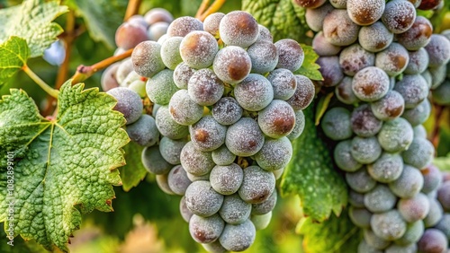 Close-up of grape leaves covered in white powdery mildew, a common disease caused by Uncinula necator photo