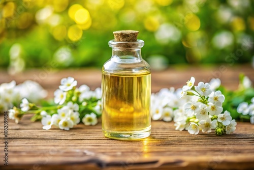 Close-up of meadowfoam seed oil bottle with meadowfoam flower in focus photo