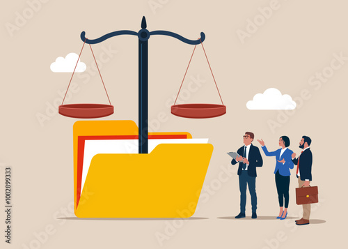 Folder with scales in balance. Arguments, evidence. Storage and indexing of information. User and data archive. Database, searching info. Modern vector illustration in flat style. 