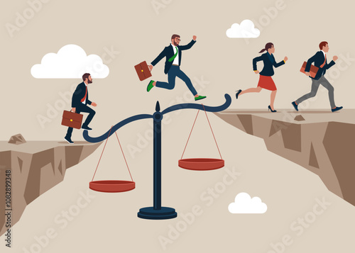 Business people crossing over the chasm helped by a justice scale as a bridge to legal help. Law and attorney solution. Flat vector illustration