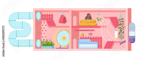 Cozy house for hamster or guinea pig. Pets cage with pipe tunnel and tools for playing and food eating, bowl to drink and bath, toys and wheel for training of rodent cartoon vector illustration
