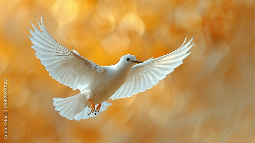 White dove flying gracefully, wings wide open, with soft yellow autumn bokeh surrounding it. White dove flying gracefully, wings wide open, with soft yellow autumn bokeh surrounding it.